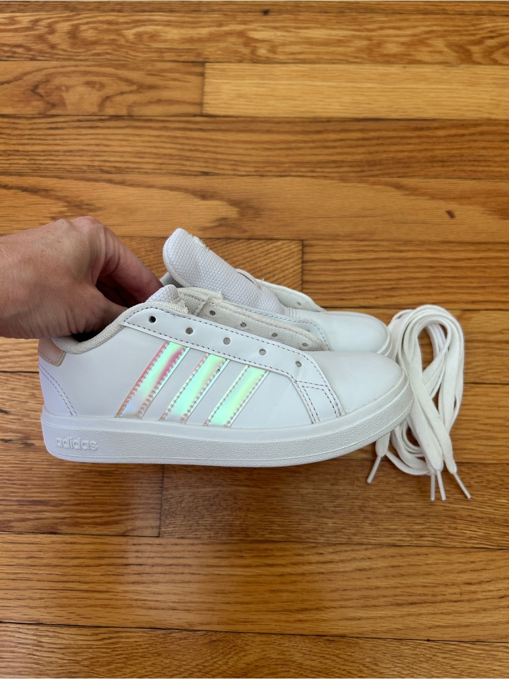 adidas Kids White Sneakers with Iridescent Three-Stripes